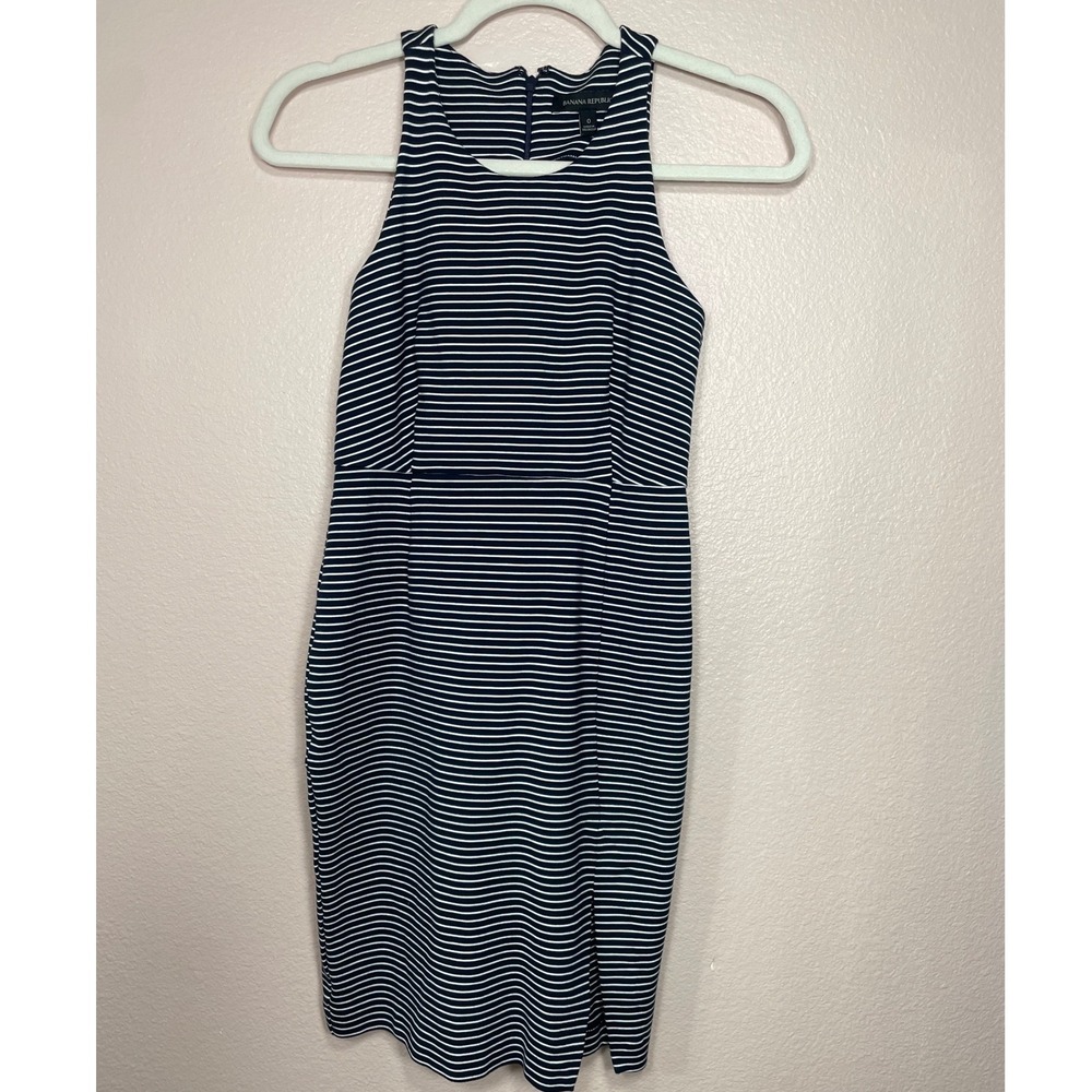 Banana Republic Navy White Striped Sheath Dress Sleeveless Halter Slit Size 0 - Picture 2 of 8